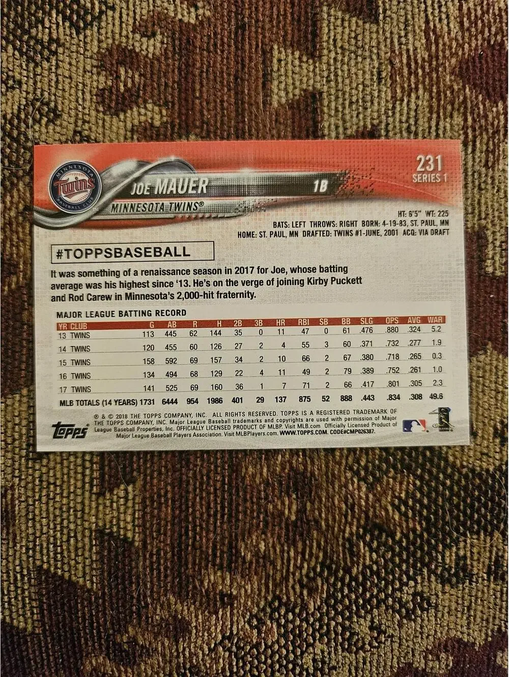 Joe Mauer - HOF - 2018 Topps #231 - Twins - RAW Mint